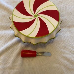 Festive Red and White Swirl Cheese Plate with Spreader